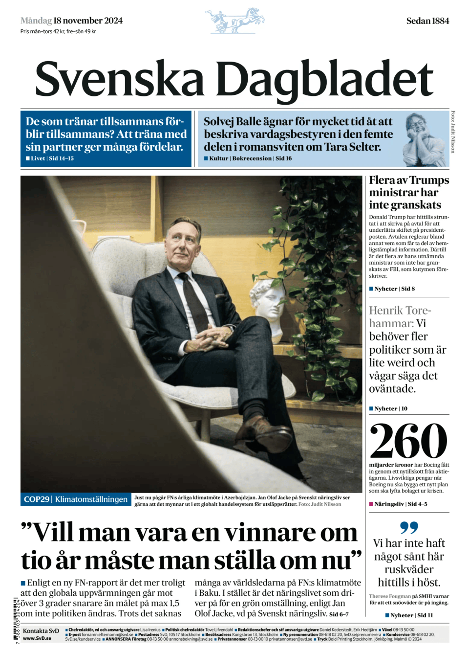 Prima-pagina-Svenska Dagbladet-edizione-di-oggi-20241118